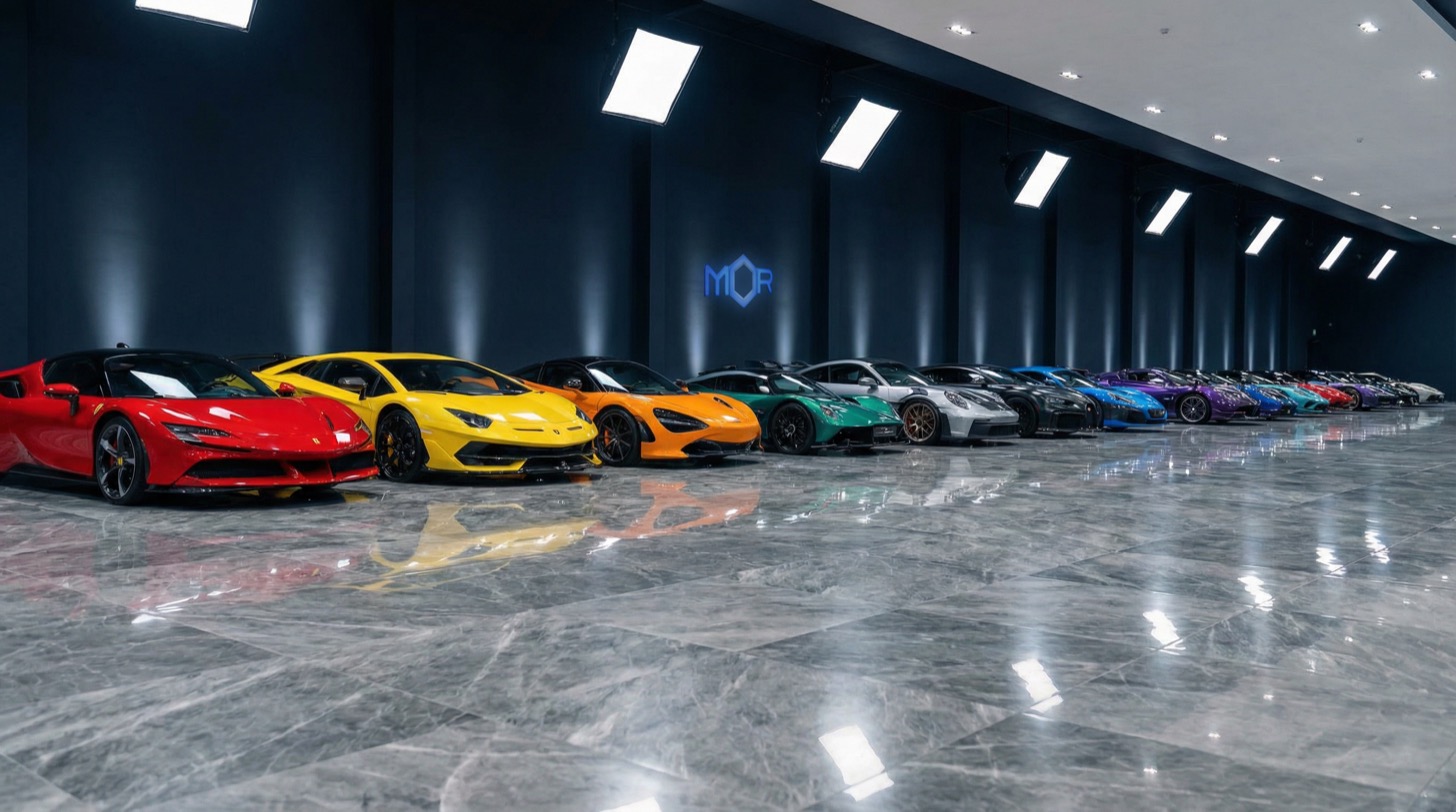 Luxury car lineup at a MOR COMMUNITY event